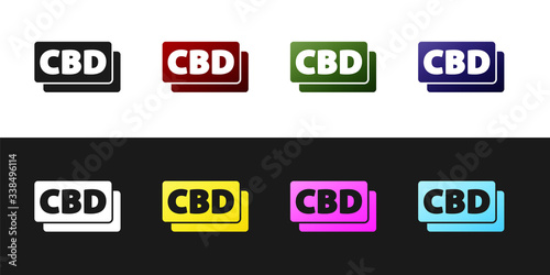 Set Cannabis molecule icon isolated on black and white background. Cannabidiol molecular structures, THC and CBD formula. Marijuana sign.  Vector Illustration