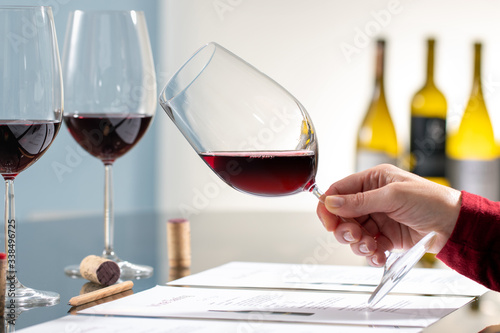 Fotografia Sommelier evaluating red wine at wine tasting.