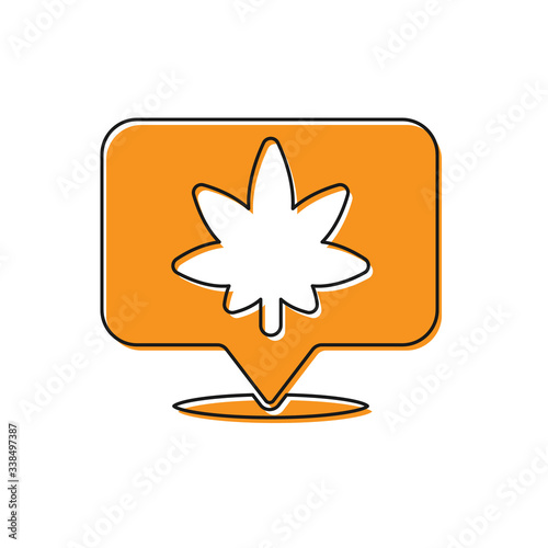 Orange Map pointer and marijuana or cannabis leaf icon isolated on white background. Hemp symbol.  Vector Illustration