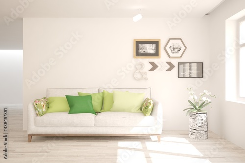 White living room with sofa. Scandinavian interior design. 3D illustration