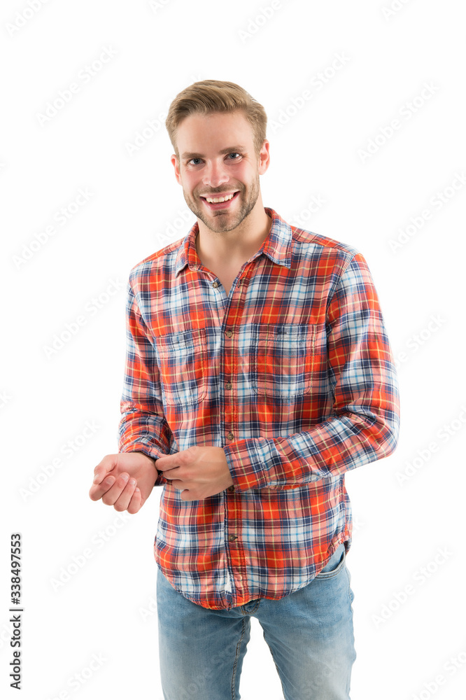 Checkered shirt always in trend. Man try on clothes in shop. Fashion model. Handsome man with bristle on white background. Portrait attractive fashionable man. Casual style. Fan of western movies Checkered shirt always in trend. Man try on clothes in shop. Fashion model. Handsome man with bristle on white background. Portrait attractive fashionable man. Casual style. Fan of western movies