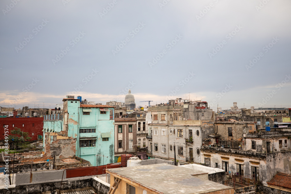 View from the rooftop in Old Havana with lots of ruin building and sky