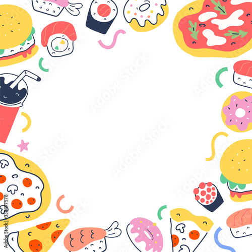 Fast food frame border background template with trendy doodle illustrations of pizza, sushi rolls and soda drink, tasty delivery cafe menu cover, vector frame with copy space, cute hand drawn cartoon