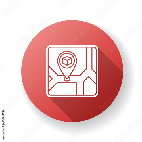 Storage place red flat design long shadow glyph icon. Warehouse location, storehouse building address. Destination, navigation, stockroom on city map. Silhouette RGB color illustration