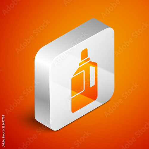 Isometric Fabric softener icon isolated on orange background. Liquid laundry detergent, conditioner, cleaning agent, bleach. Silver square button. Vector Illustration