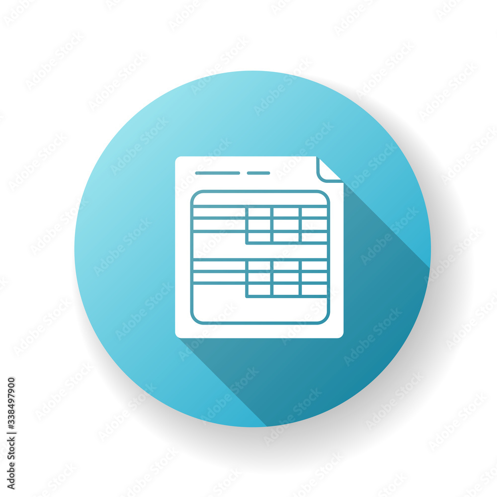 Spreadsheets blue flat design long shadow glyph icon. Business analytics and financial accounting report, audit investigation document. Database, balance sheet. Silhouette RGB color illustration Spreadsheets blue flat design long shadow glyph icon. Business analytics and financial accounting report, audit investigation document. Database, balance sheet. Silhouette RGB color illustration