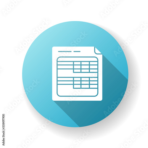 Spreadsheets blue flat design long shadow glyph icon. Business analytics and financial accounting report, audit investigation document. Database, balance sheet. Silhouette RGB color illustration