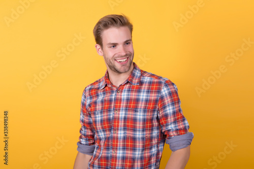 Wallpaper Mural Beauty services. Unshaven man. Clothing fashion trend. Barbershop salon. Man in casual shirt. Handsome guy with bristle on face. Beauty standard. Fashion model on yellow background. Fashion concept Torontodigital.ca