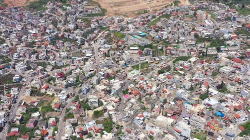 Corona Virus lockdown, Aerial view of Daburiyya, an Arab village in Israel North district with empty streets an little traffic due to government lockdown guidelines. photo