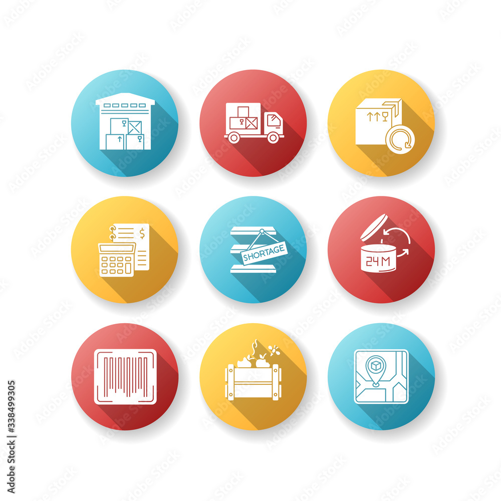 Inventory management flat design long shadow glyph icons set. Storage place, goods receipt, spoilage and purchase returns. Product barcode and shelf life. Silhouette RGB color illustration Inventory management flat design long shadow glyph icons set. Storage place, goods receipt, spoilage and purchase returns. Product barcode and shelf life. Silhouette RGB color illustration