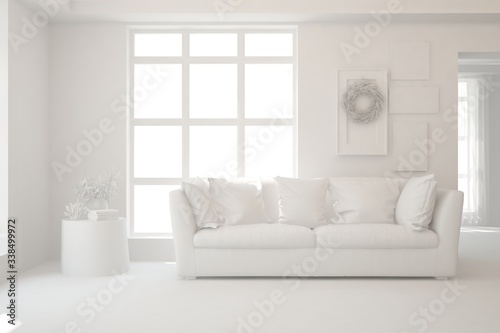 White minimalist living room with sofa. Scandinavian interior design. 3D illustration