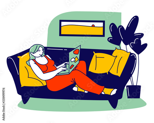Freelance Self-employed Occupation Concept. Relaxed Woman Freelancer, Outsourced Employee Character Lying on Couch Working Distant on Laptop from Home. Remote Workplace. Linear Vector Illustration