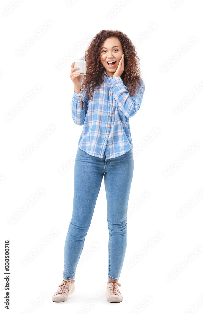 African-American woman with milk on white background African-American woman with milk on white background