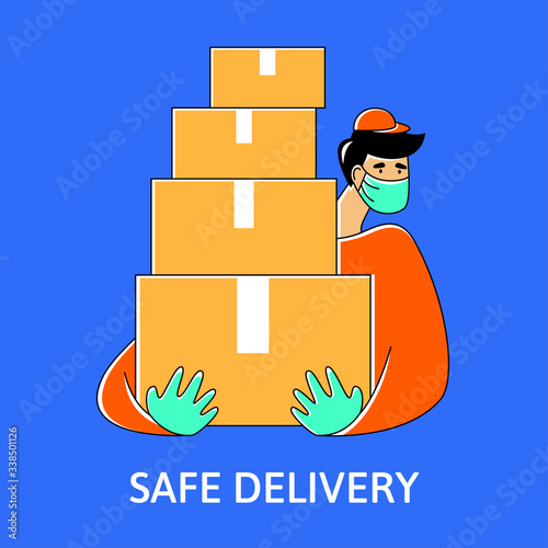 A vector image of a courier in a medical mask and gloves. Safe delivery service. Coronavirus quarantine illustration. 