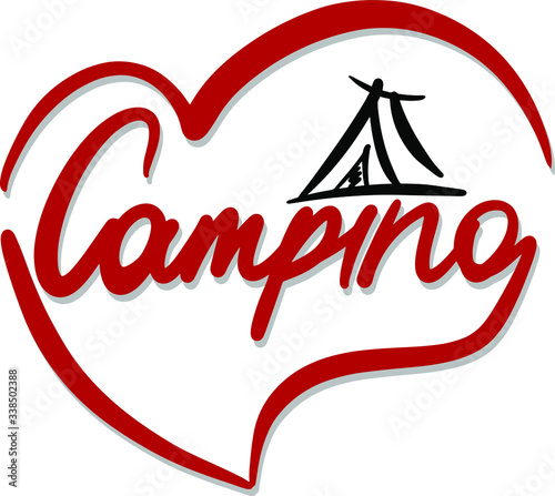 word camping in a red heart with a black tent in the style of lettering, calligraphy, campfire, logo, design for key chains, camps, recreation, Hiking, travel, for summer camp flyers and posters