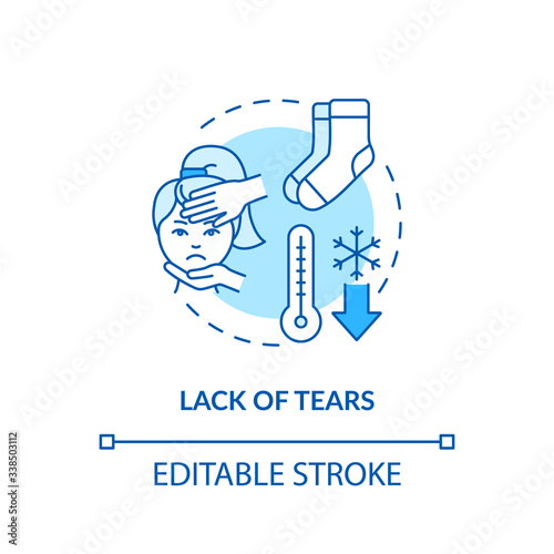Lack of tears turquoise concept icon. Dry eyes. Allergy and diabetes. Tears evaporation. Rotavirus symptom idea thin line illustration. Vector isolated outline RGB color drawing. Editable stroke