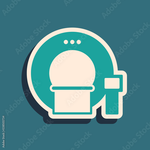 Green Tomography icon isolated on green background. Medical scanner, radiation. Diagnosis, radiology, magnetic resonance therapy. Long shadow style. Vector Illustration