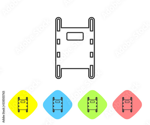 Grey line Stretcher icon isolated on white background. Patient hospital medical stretcher. Set icons in color rhombus buttons. Vector Illustration