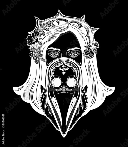 Beautiful woman in a crown of thorns, holding a plague doctor mask -medieval gothic tattoo style.Symbol of unity, solidarity and support in a health crisis. Isolated vector illustration.