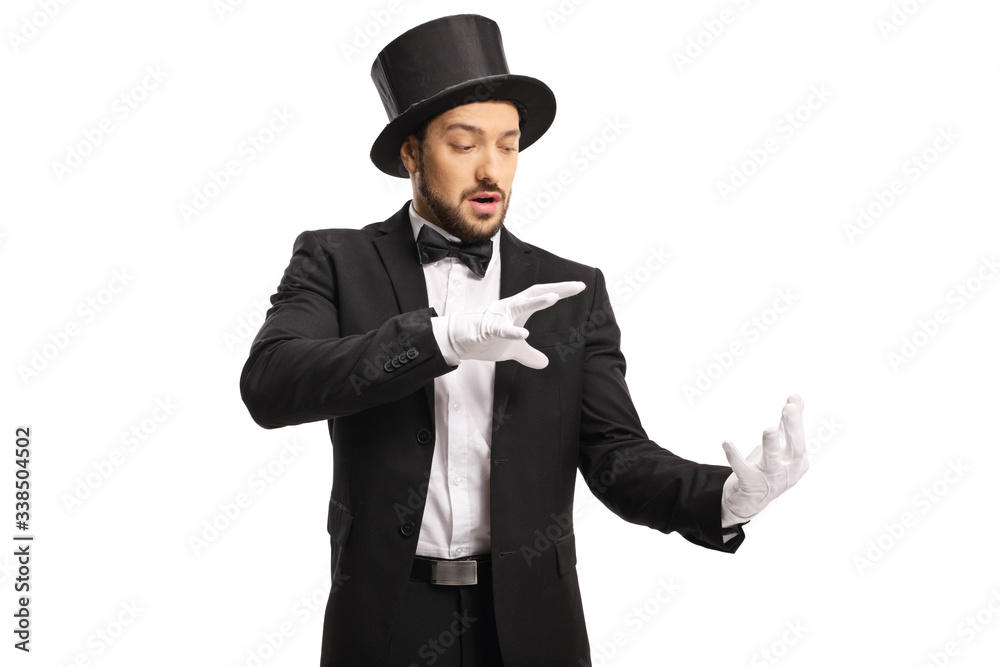 Magician wearing white gloves and performing a trick with his hands Magician wearing white gloves and performing a trick with his hands