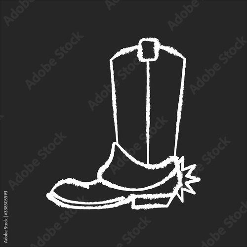 Western movie chalk white icon on black background. Traditional american cinema genre, cowboy films. Cinematography, filmmaking category. Boot with spur isolated vector chalkboard illustration