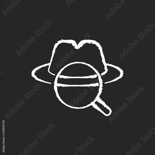 Detective chalk white icon on black background. Traditional movie genre, classic noir film. Murder mystery, crime investigation. Felt hat and magnifying glass isolated vector chalkboard illustration