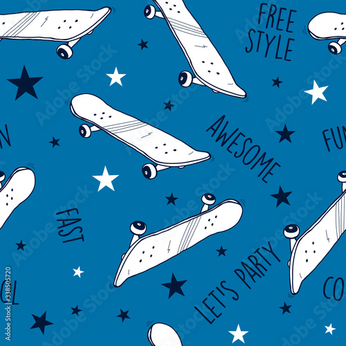 Hand drawing skateboard seamless pattern print design. Vector illustration design for fashion fabrics, textile graphics, prints.