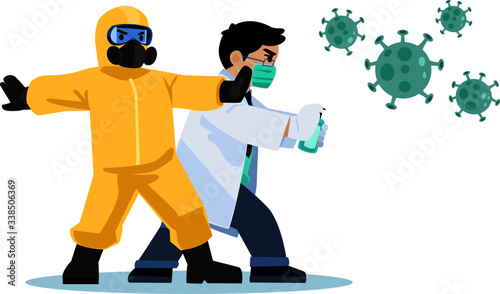 The doctor and staff wear ppe suits, inject alcohol, eliminate the corona virus.