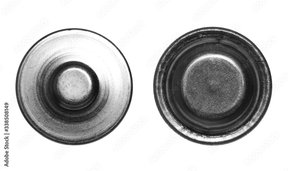 Battery sides, positive (plus) and negative (minus), set and collection isolated on white background with clipping path