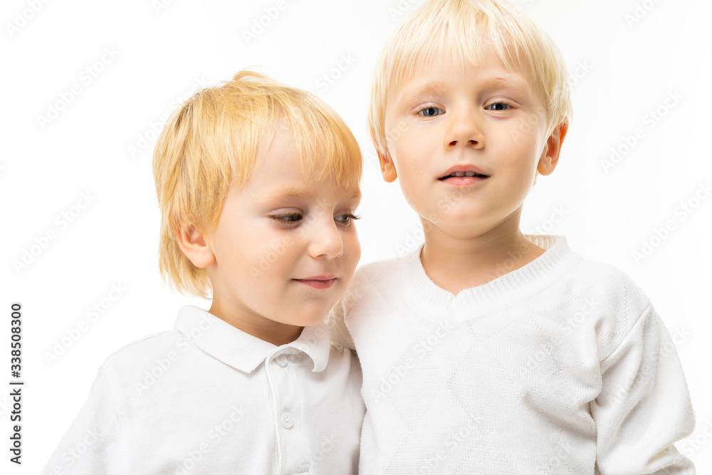 portrait of two charming blond brother little children in an embrace on a white background