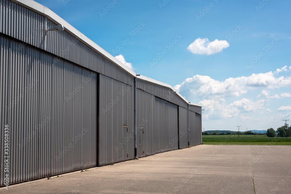 Hangar exterior at a small airport. Private aviation