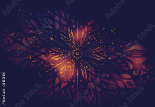 Abstract ancient geometric with star field and colorful galaxy background, watercolor digital art painting and mandala graphic design
