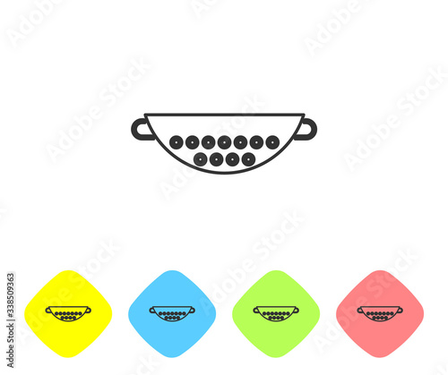 Grey line Kitchen colander icon isolated on white background. Cooking utensil. Cutlery sign. Set icons in color rhombus buttons. Vector Illustration