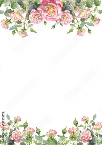 Beautiful flower frame with luxurious bouquets of peonies, roses hand-made watercolor illustration. flowers arranged in a wreath, flower business card. for wedding invitations and greeting cards © Дарья Лиходедова