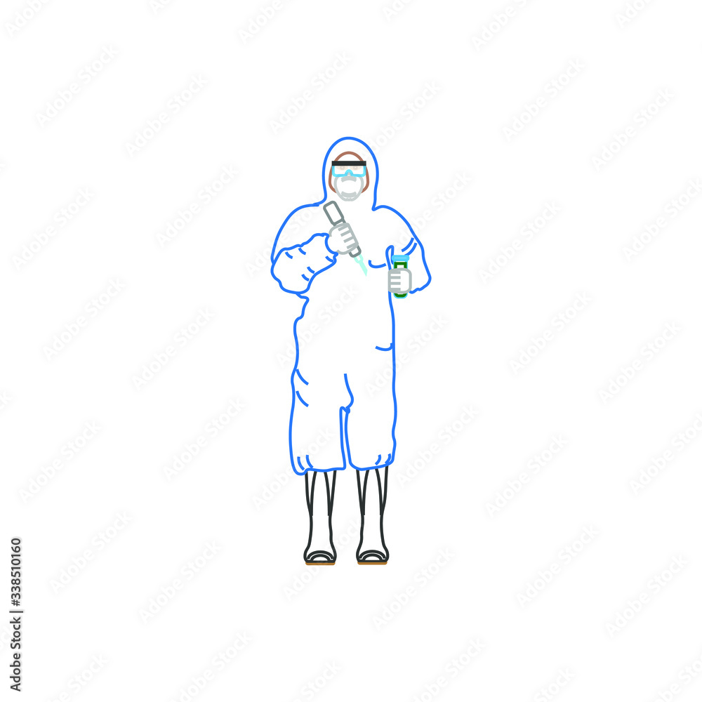Medical virology research scientist works in a protective suit and mask with mask. Vector illustration for web and mobile design.