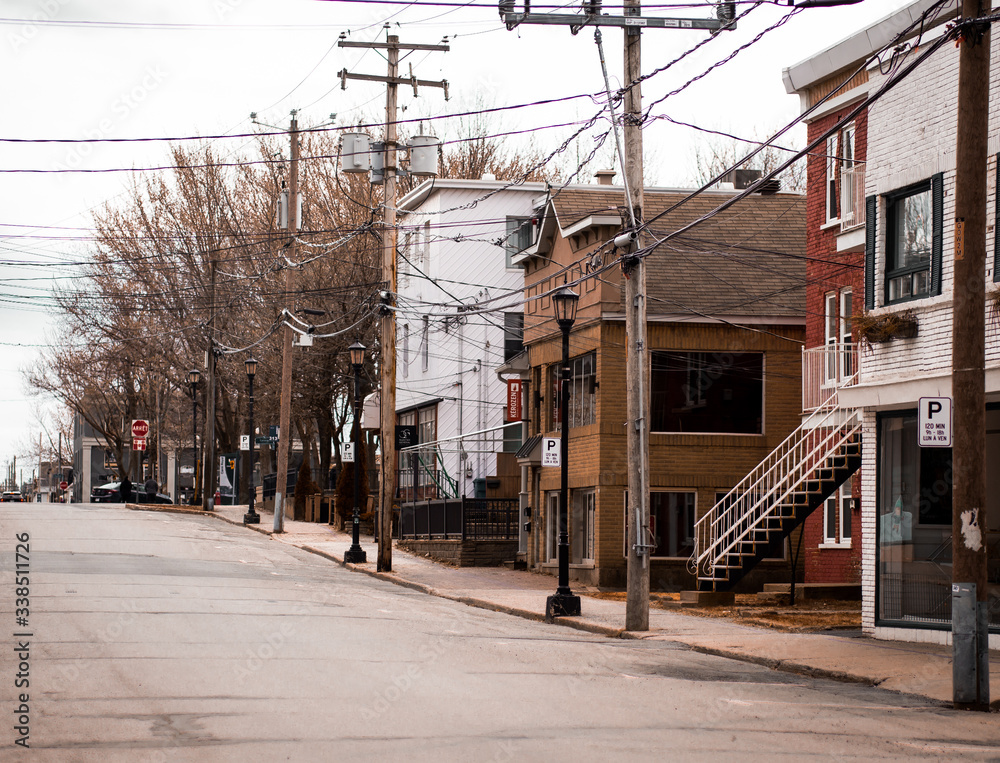 A deserted, empty and ghost town during the isolation. The stores and restaurants are closed