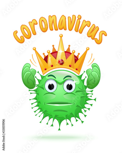Angry coronavirus holds a golden crown over his head. Angry cartoon coronavirus holds a golden crown over his head. Vector illustration