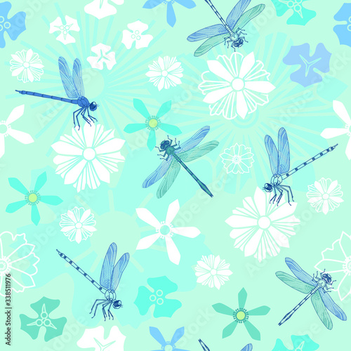 Seamless colorful pattern with beautiful dragonflies, flowers for various projects and occasions such a birthday party, baby showers, bridal showers or gifts. Designed by Dainora Mlynske. photo