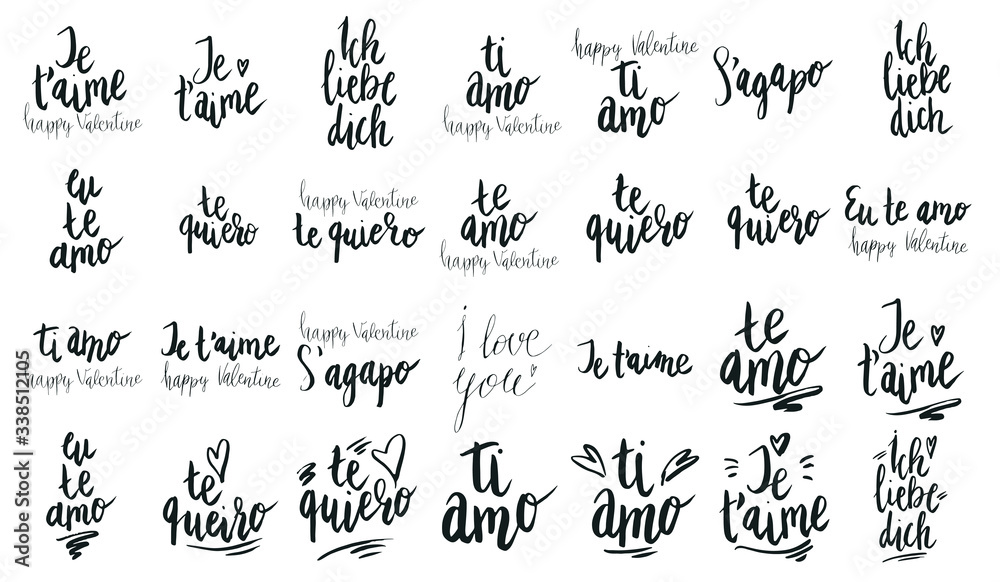 I love you phrase written in various languages. VHappy Valentine Day celebration set. Vector letteing isolated on white. I love you phrase written in various languages. VHappy Valentine Day celebration set. Vector letteing isolated on white.