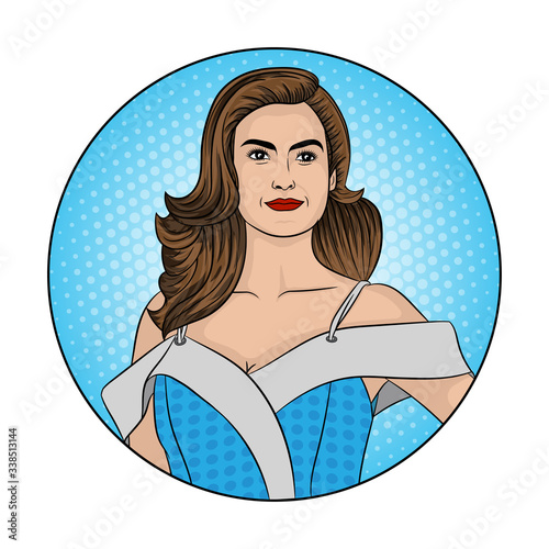 Pop art pretty fashion woman. Beautiful casual woman over blue banner background.  Vector and illustration.