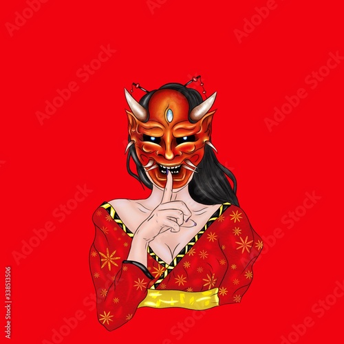 Japanese geisha turned into a demon with a mask on a red background