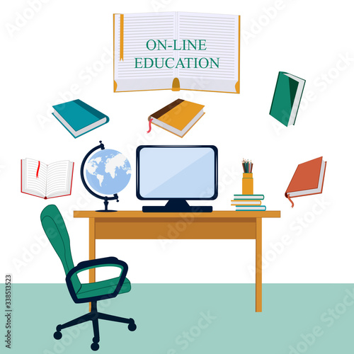 Online education - books, desk, computer, chair - vector. Home interior. Quarantine. Work from home. Social concept