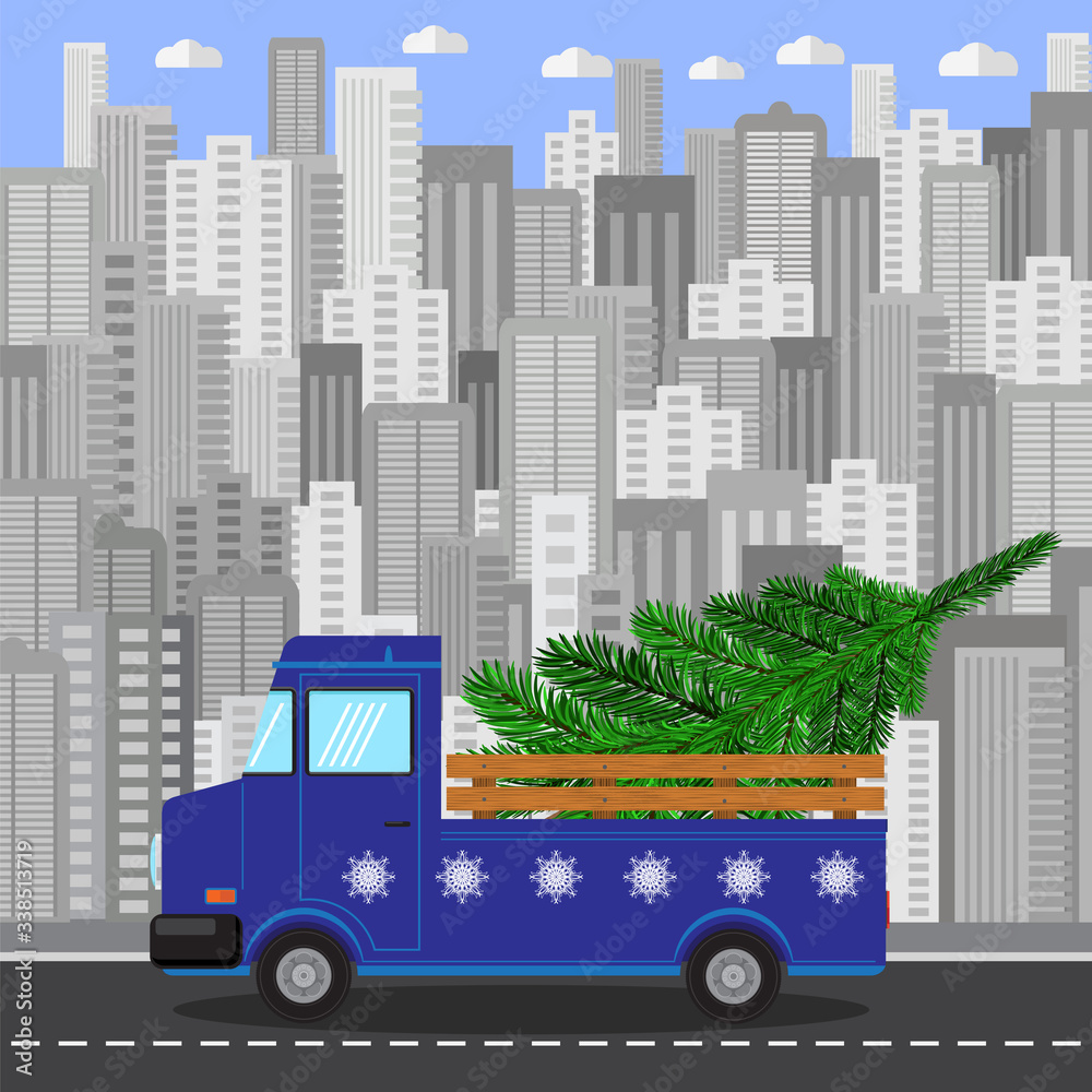 Blue Christmas Truck with Green Fir on Grey City Building Background.