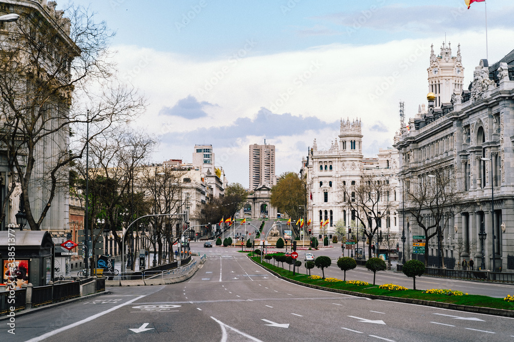 Famous Plaza Cibeles of Madrid, Gran Via, empty due to Coronavirus outbreak in 2020.