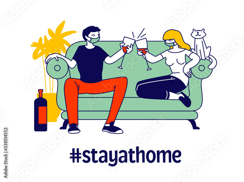 Young Loving Couple Characters in Medical Masks Spend Time at Home Sitting on Couch Drinking Wine with Cat nearby on Quarantine Covid 19 Isolation. Love Sparetime. Linear People Vector Illustration