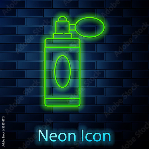 Glowing neon line Aftershave bottle with atomizer icon isolated on brick wall background. Cologne spray icon. Male perfume bottle.  Vector Illustration