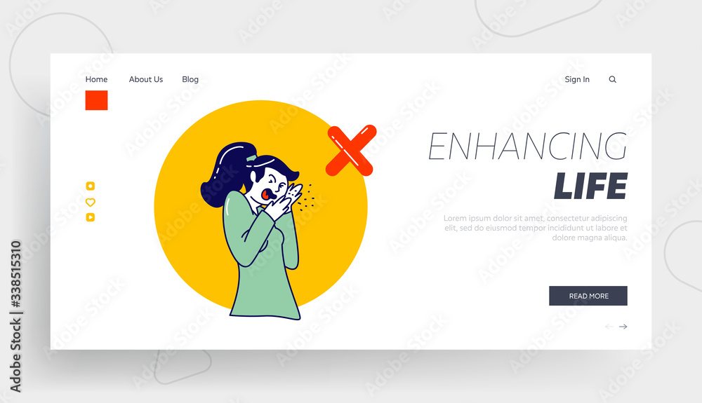 Sick Woman Character Coughing Wrong Way Spraying Saliva Landing Page Template Coronavirus or Flu Symptoms, Prevention, Medical Recommendation How to Sneeze Properly. Linear Vector Illustration