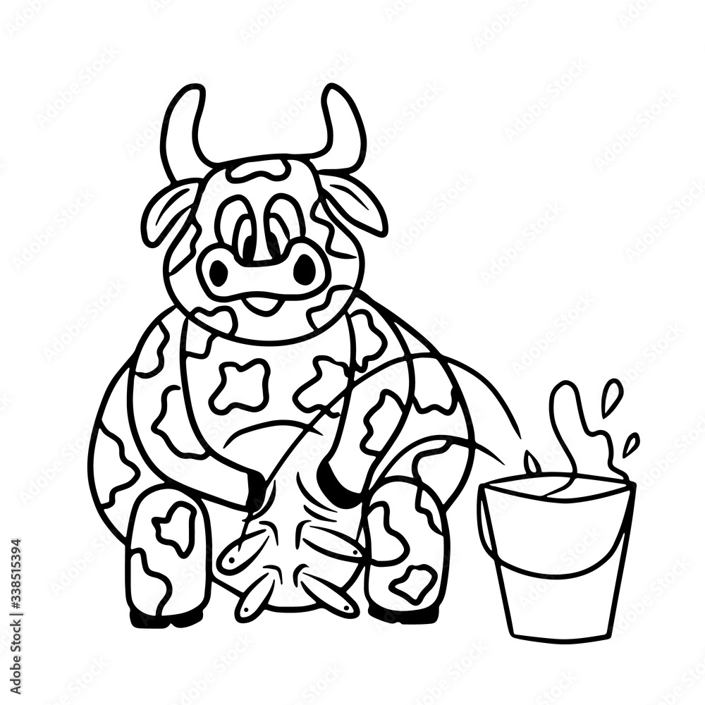 Cute cow sitting and milking udder with the bucket of milk. Vector illustration in outline doodle cartoon style. Spotted domestic animal, bull, farming, agriculture, dairy products logo.