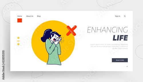 Sick Woman Character Coughing Wrong Way Spraying Saliva Landing Page Template Coronavirus or Flu Symptoms, Prevention, Medical Recommendation How to Sneeze Properly. Linear Vector Illustration