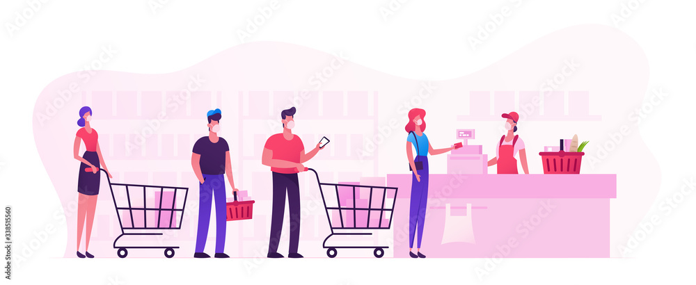 Customers Characters in Medical Masks Stand in Line at Supermarket with Goods in Shopping Trolleys Paying for Purchases at Cashier. Sale Consumerism, Queue in Store. Cartoon Vector People Illustration